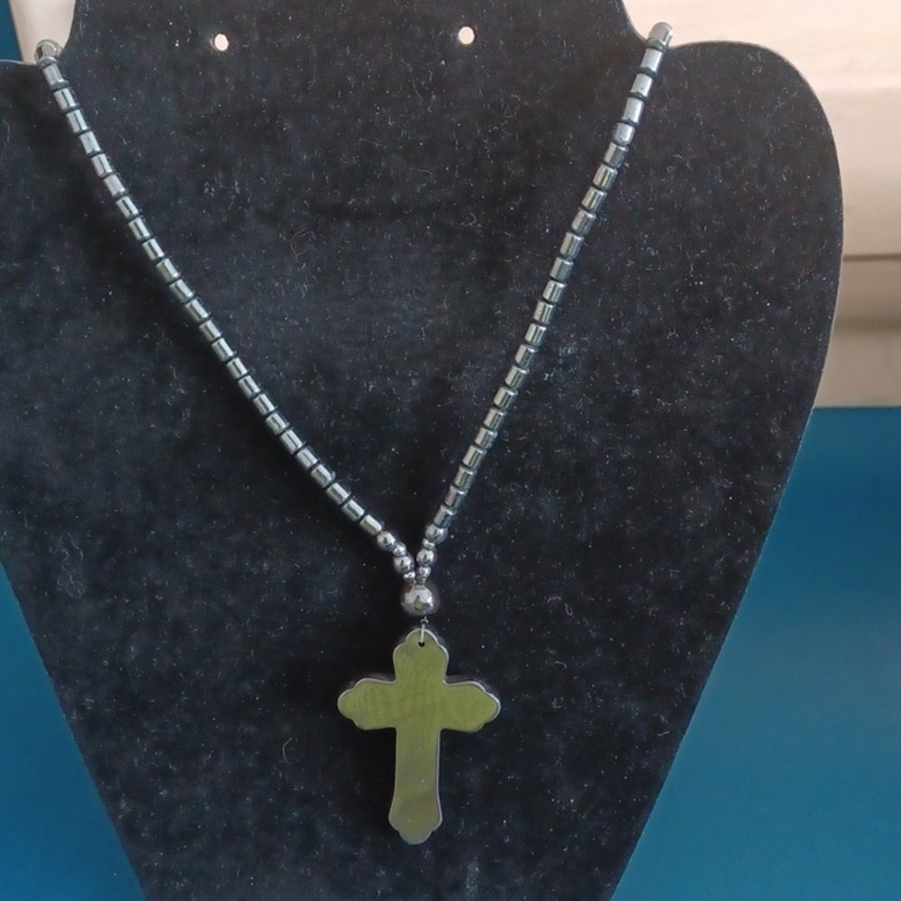 Unisex Handcrafted Hematite Gunmetal 17.5" Cross Pendant Drum Barrel Necklace